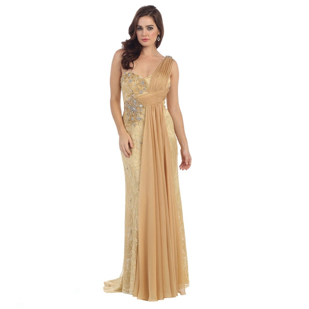 Vintage 90s Fiesta Gold Gown Lace Chiffon Rhinestone One Shoulder Draped Dress